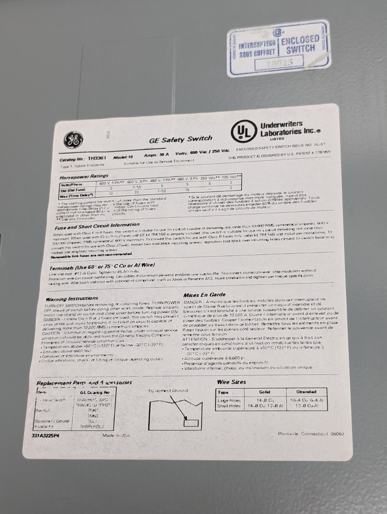 GENERAL ELECTRIC TH3361 Model 10 Safety Switch (USED).