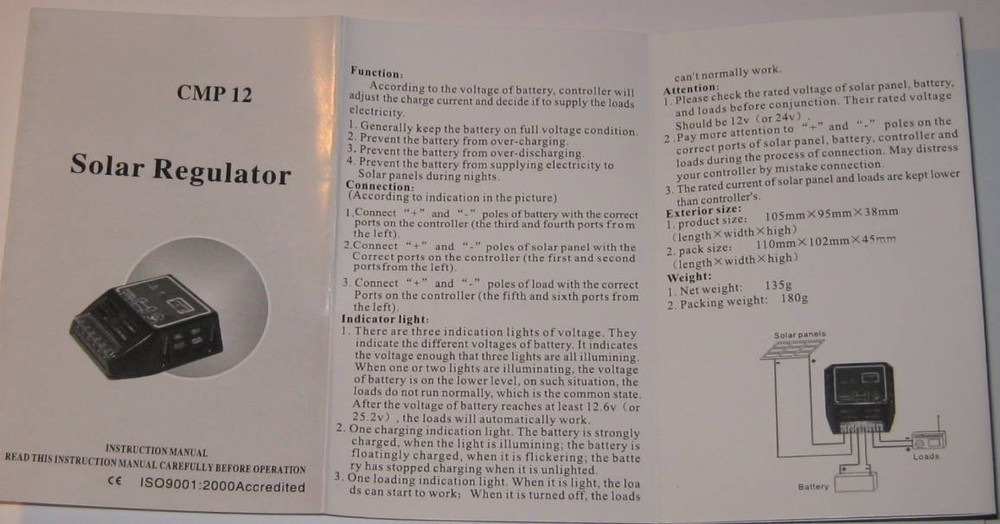 Solar Regulator - 10 Amp - 12 Volt - Solar Controller - Suunny CMP12