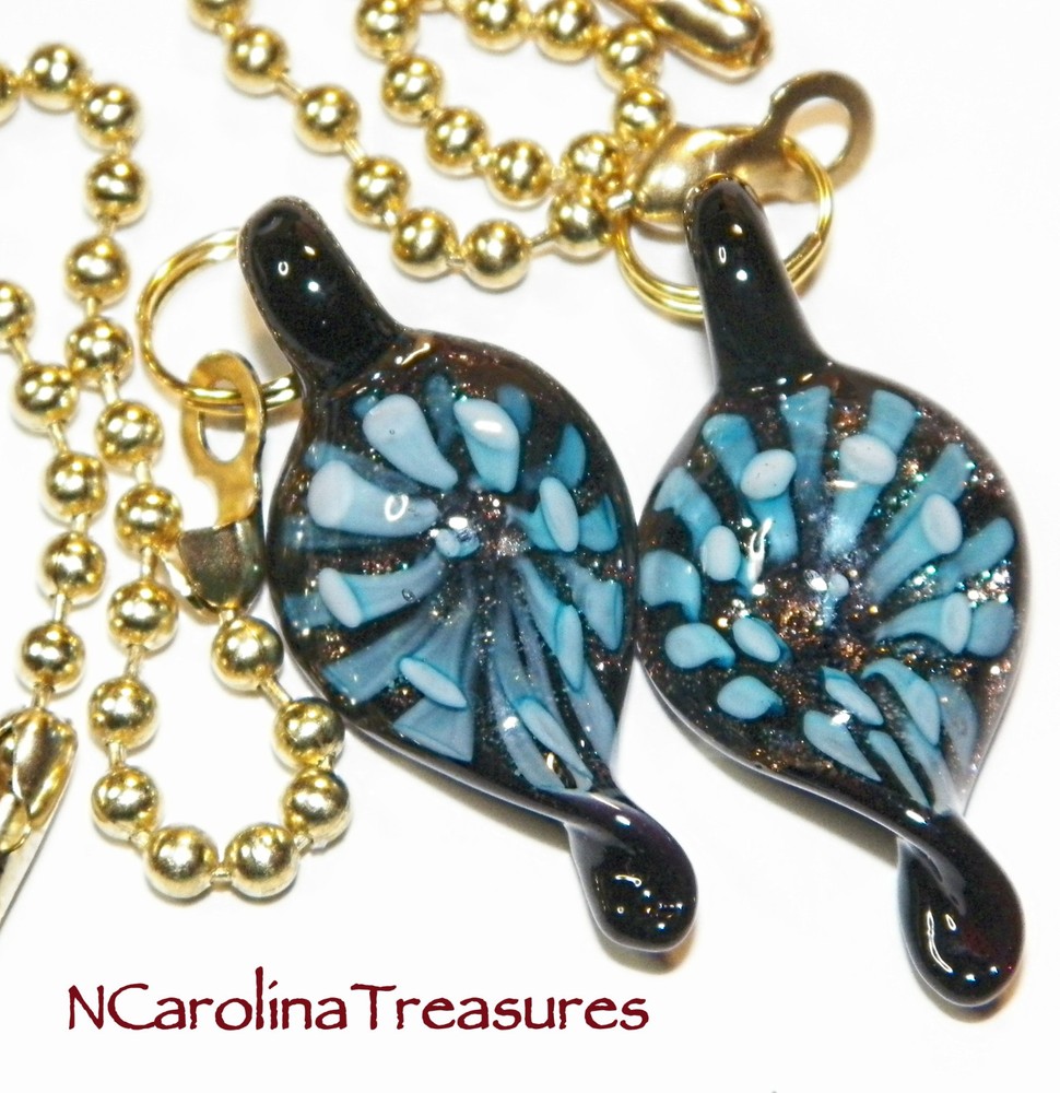 MURANO GLASS CEILING FAN SWITCH PULL LEAF DESIGN AQUA FLORAL BURST SMALL PAIR