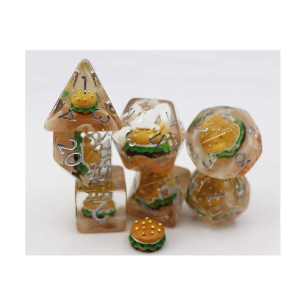 Foam Brain Assorted Inclusions Dice Poly Set - Hamburger w/Silver (7) New