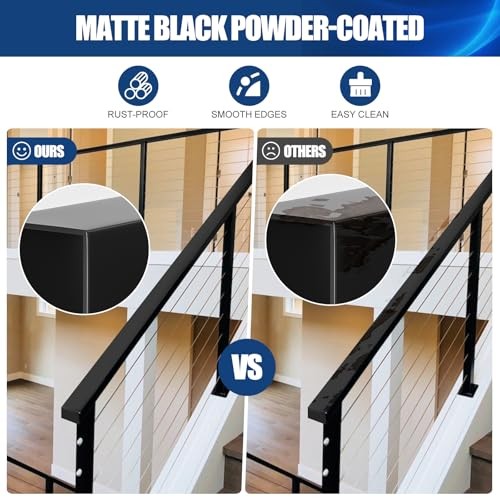 6'6" Stainless Steel T304 Handrail Black, Cuttable Rectangular Handrail Flat