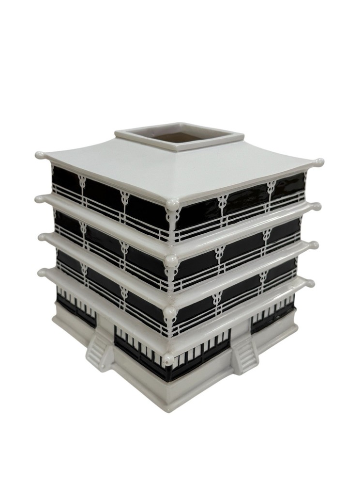 Pagoda Tissue Box Holder Black & White Ceramic & Resin 4 sided Decorative CB