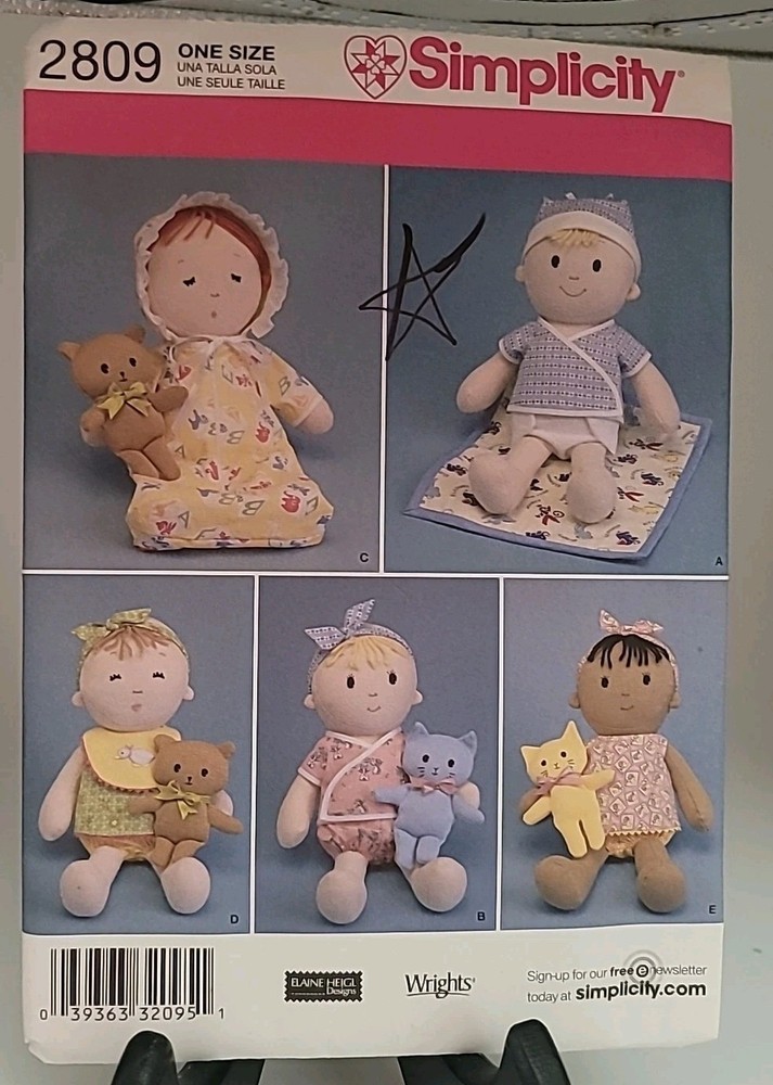 Simplicity 2809 Pattern 15" Soft Doll (5 Designs) Clothes, 6.5" Cat/ Bear UC FF