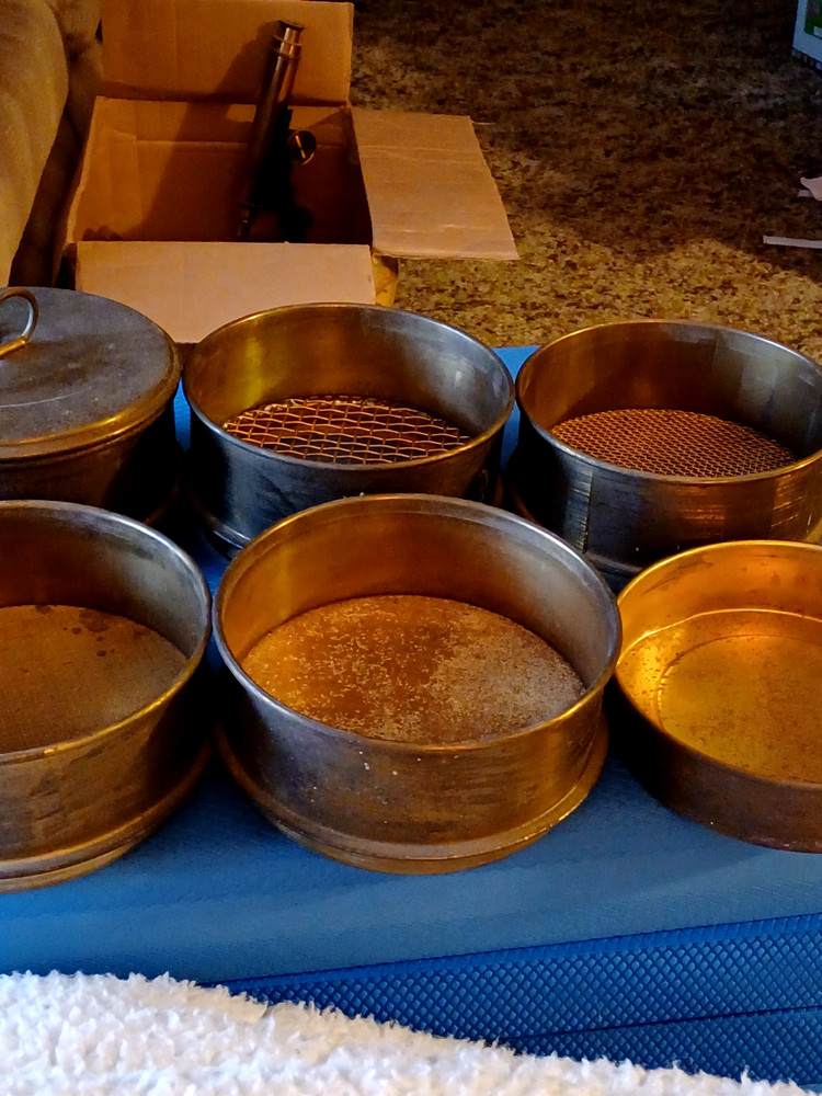 Vintage Brass Stackable Lab Sieves Set(5 + base pan + lid)-11" X 5"-DIAMETER