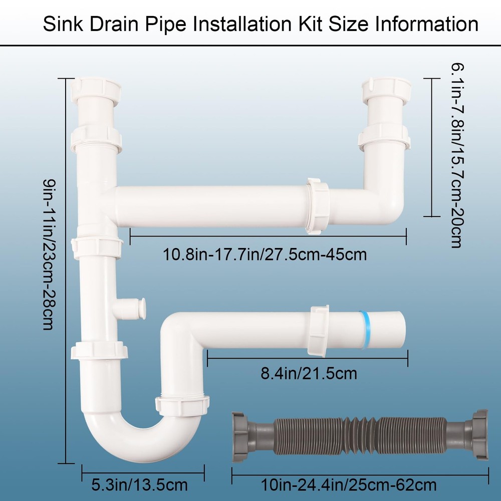 Universal 1-1/2" Kitchen Sink Drain Kit, Space-Saving kitchen drain P-trap Wi...