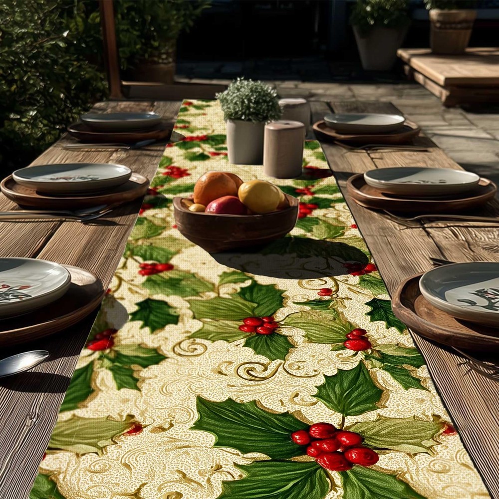 Christmas Table Runner Holly Berry Kitchen Dining Table Decor, Xmas Table Run...
