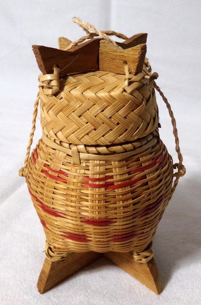 Vintage Handmade Rattan Rice Basket Mini Standing