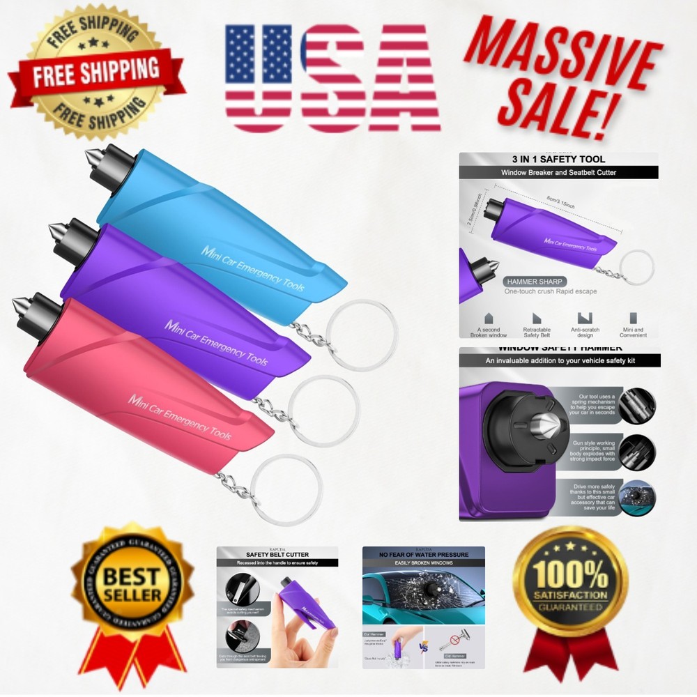 Compact 3-Pack Mini Glass Breaker and Seatbelt Cutter Tool - Emergency Escape