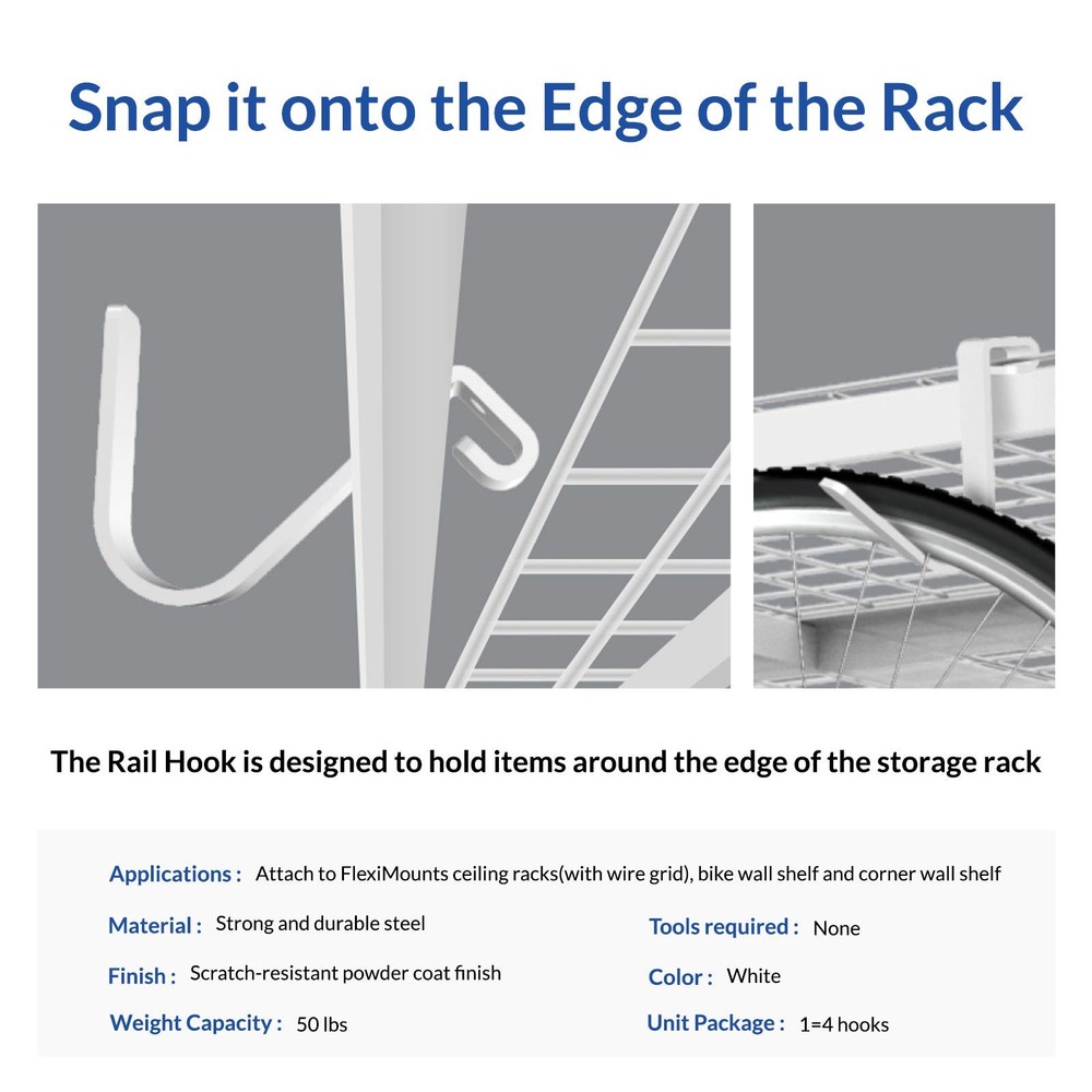 4 Pack Add On Storage Rail Hook Accessory for Ceiling Rack and Wall Shelving,...