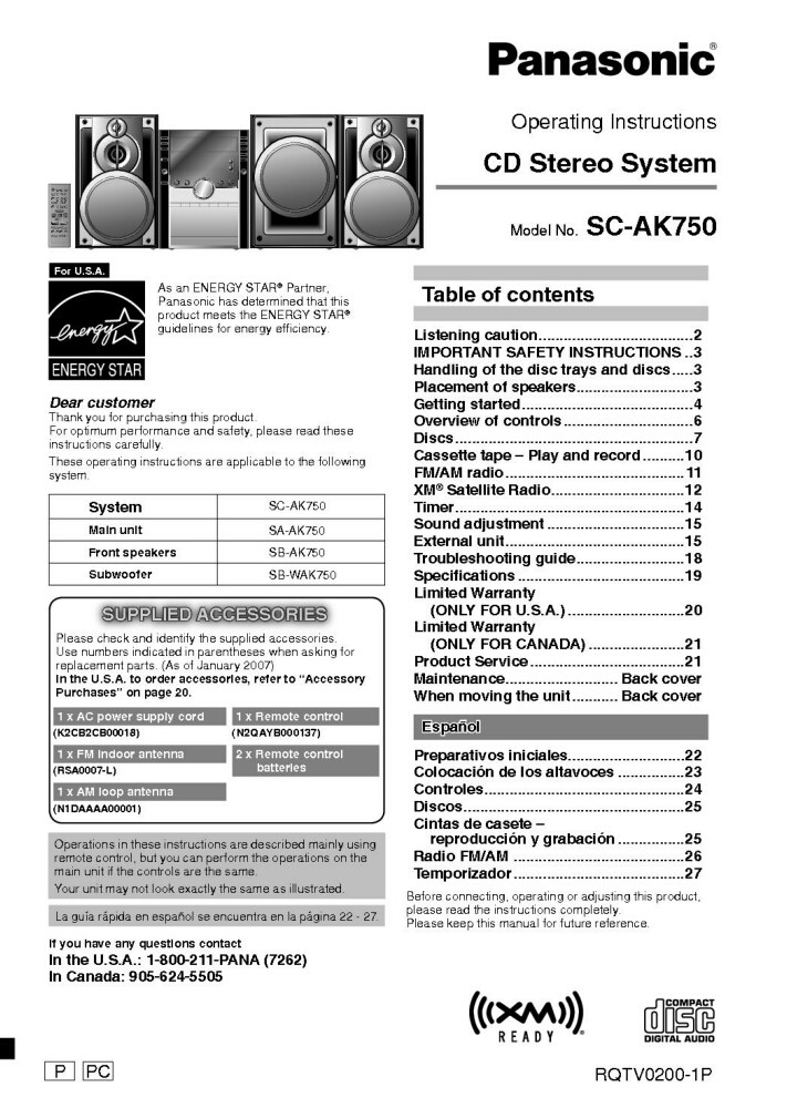 Panasonic SA-AK750 CD Stereo System Owners Instruction Manual