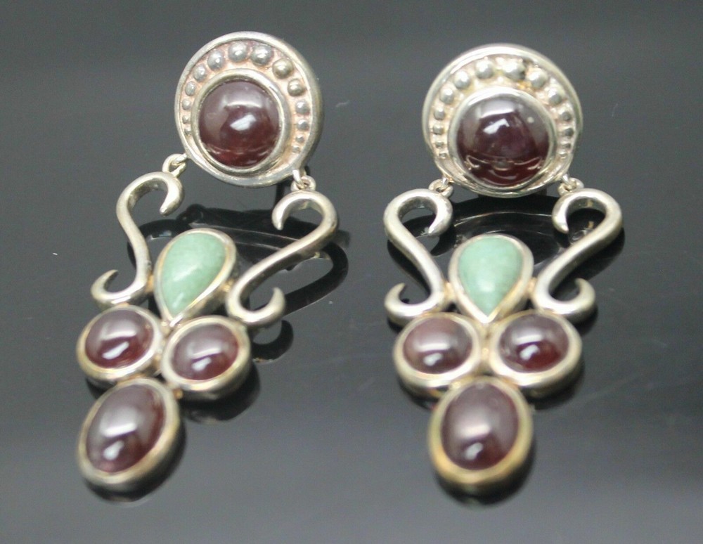 SIGNED MRF GENUINE RUBY CABOCHON TURQUOISE CHIP INLAY STERLING SILVER EARRINGS