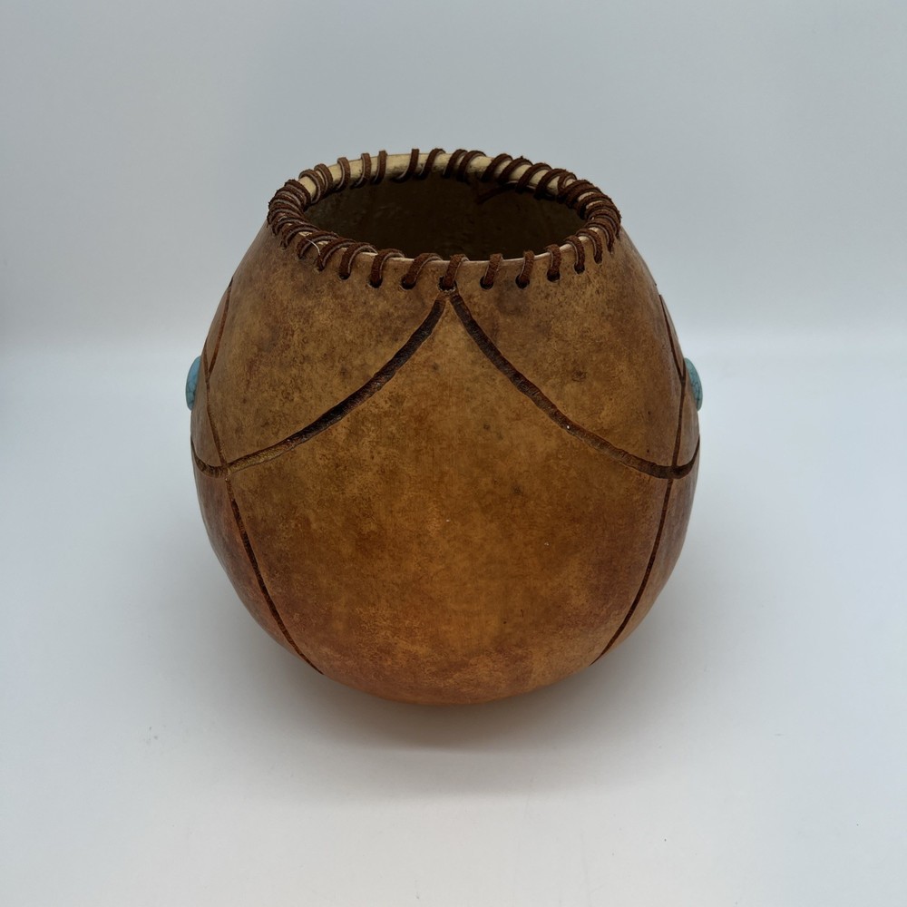 Handmade Decorative Gourd With Blue Accent And Leather Trim