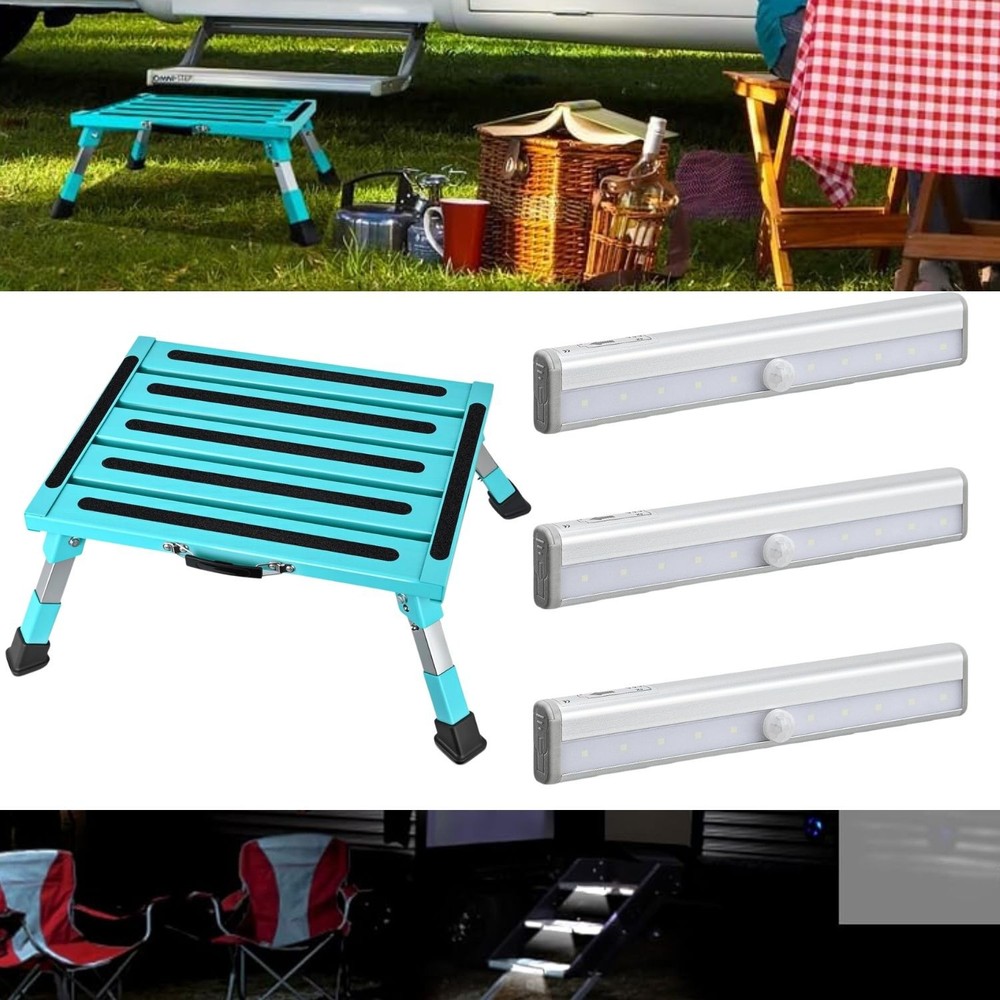 Nilight RV Folding Step Stool 500LB Aluminum Platform w/ Motion Sensor LED Light