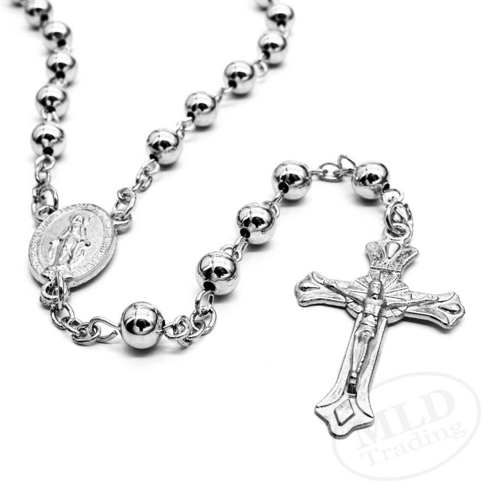 Silver Tone Metal Catholic Rosary Necklace 6mm Round Prayer Beads Virgin Mary
