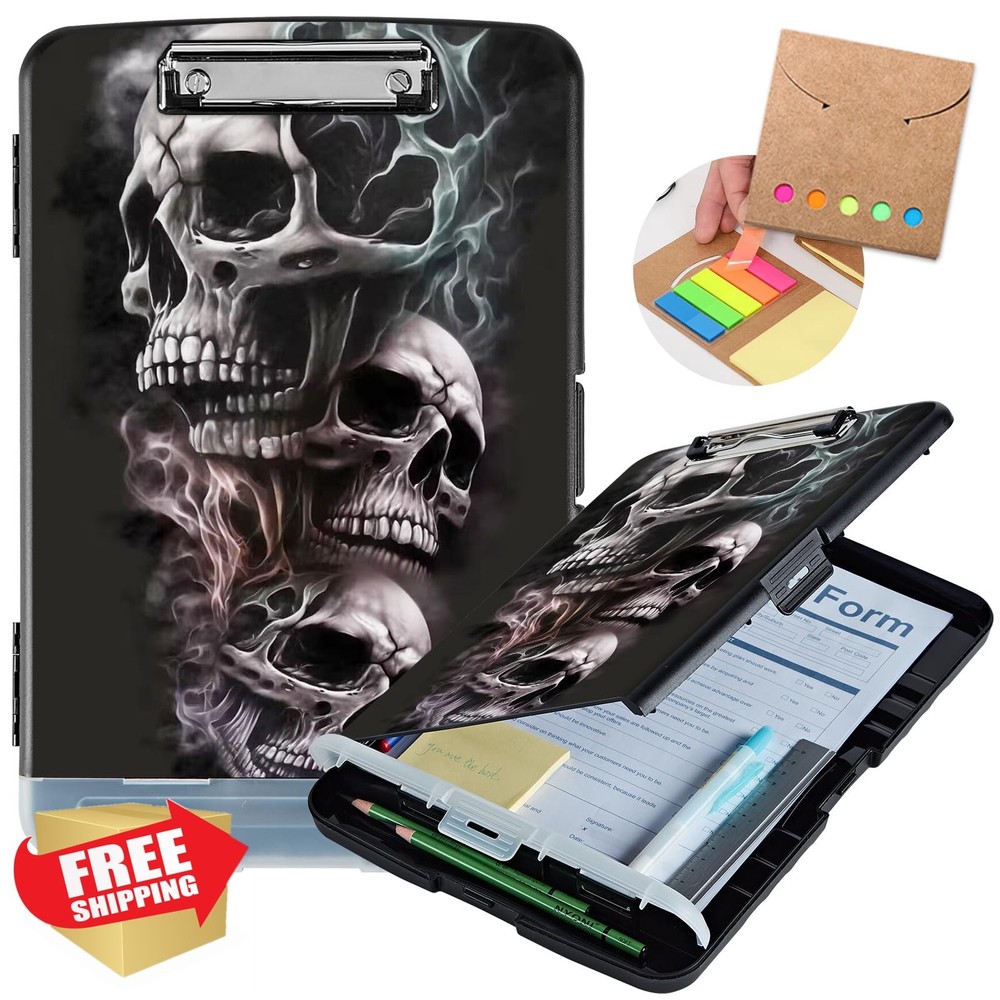 Clipboard with Storage Heavy Duty Plastic Skull Black