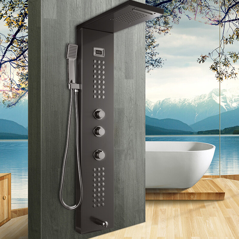 Bathroom Black Rainfall Shower Panel Column Massage Jets Sprayer Taps Wall Mount