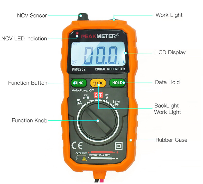 PEAKMETER PM8232 Mini Digital Multimeter NCV AC DC Current Voltage Test Flashlit