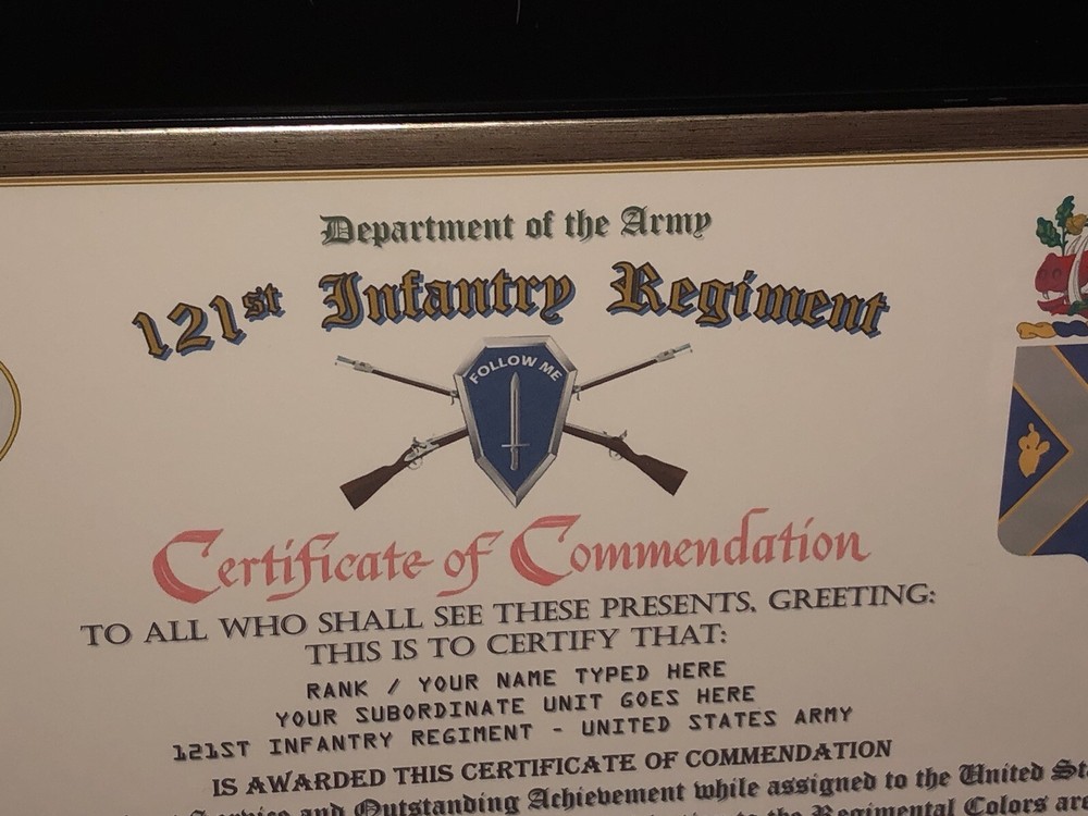 121ST INFANTRY REGIMENT / COMMEMORATIVE - CERTIFICATE OF COMMENDATION