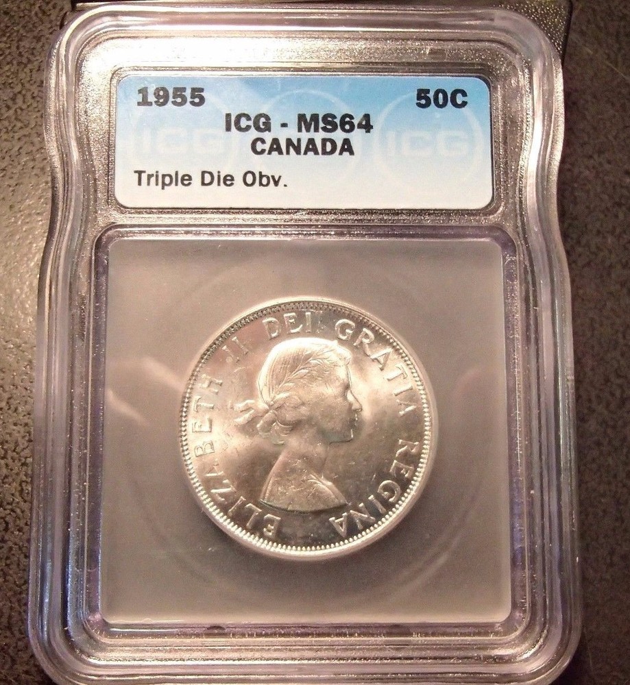 1955 ERROR CANADA SILVER HALF DOLLAR TRIPPLE DIE OBVERSE ICG-MS64