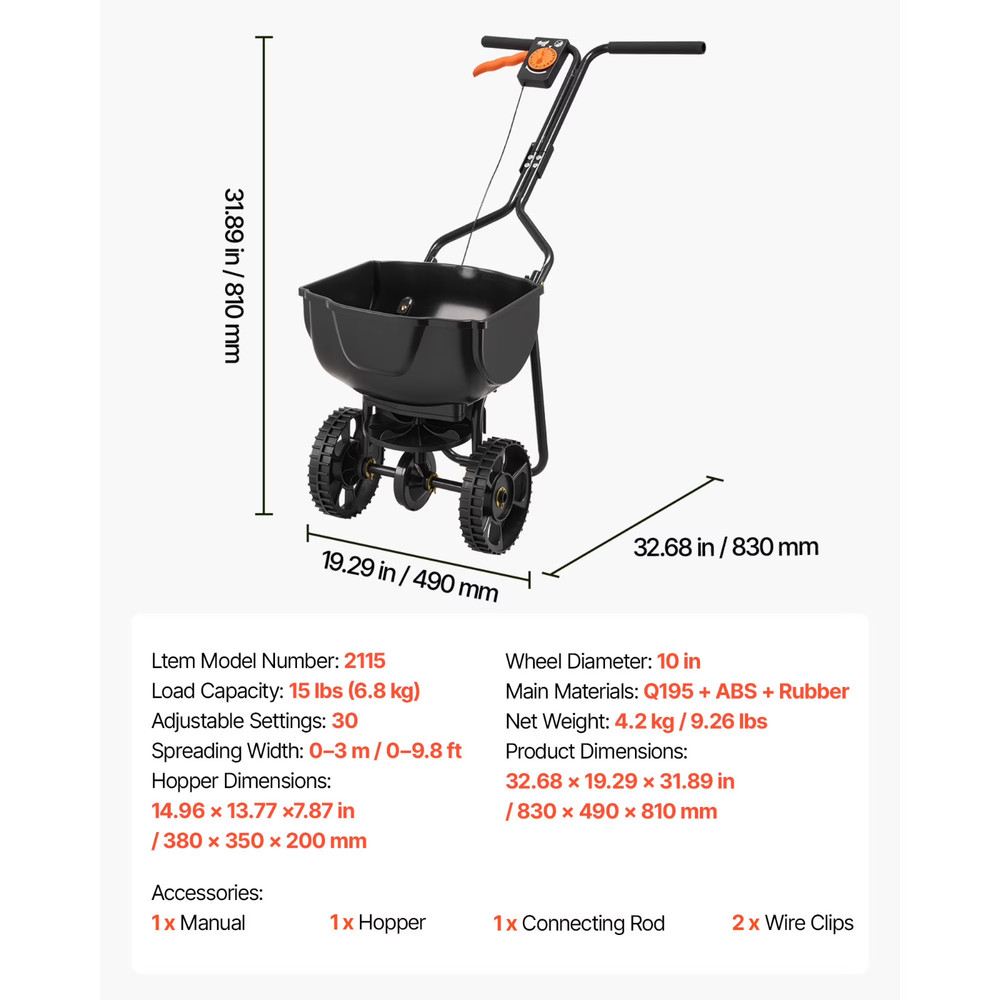 Broadcast Spreader, 9.8Ft Spreading Width, Push Broadcast Spreader with 10" All-