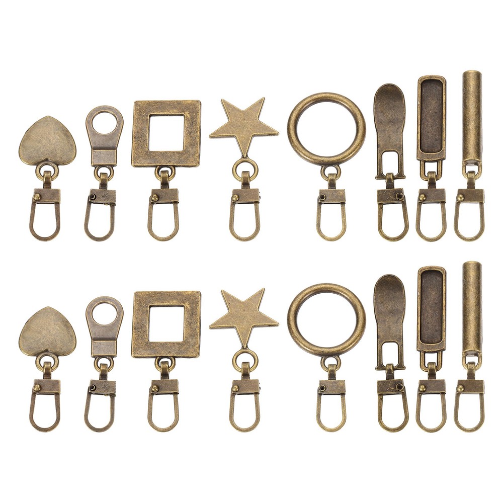 16 Pcs Zipper Pull, 1.77 Inch Metal 8 Type Zip Puller Zipper, Bronze