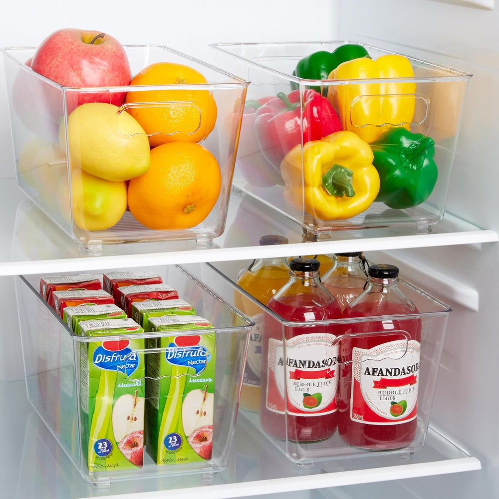 Clear Plastic Storage Bins, 6 PCS Pantry Organizer Bins with Handle for Refri...