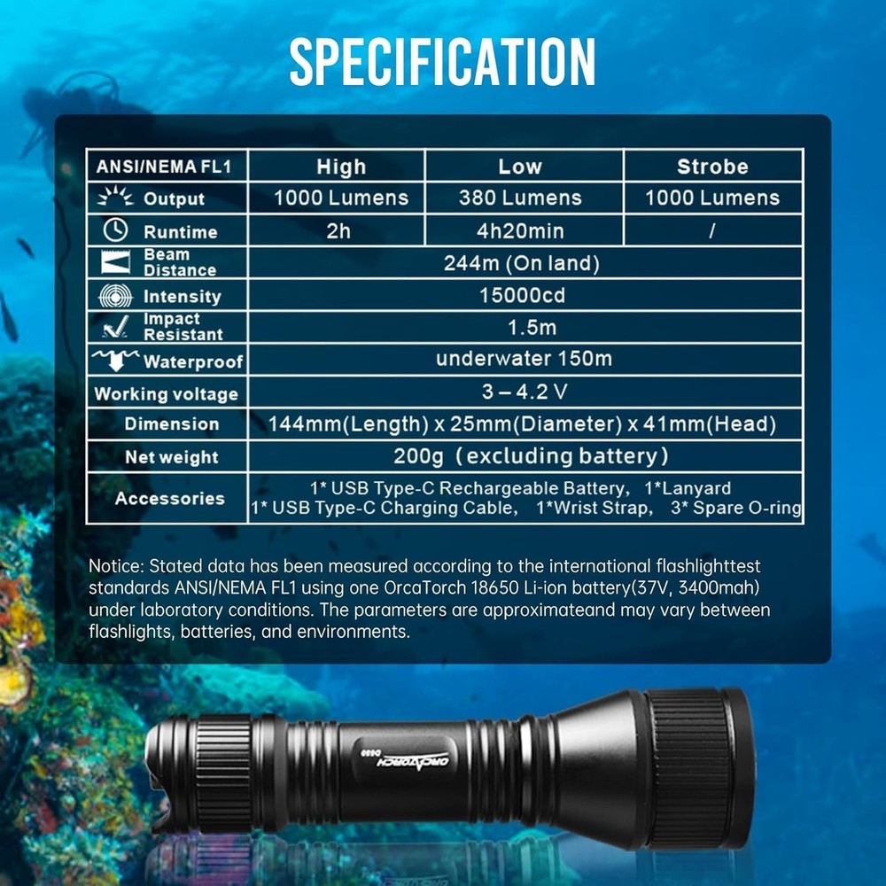 D550 Scuba Dive Light 1000 Lumens Waterproof