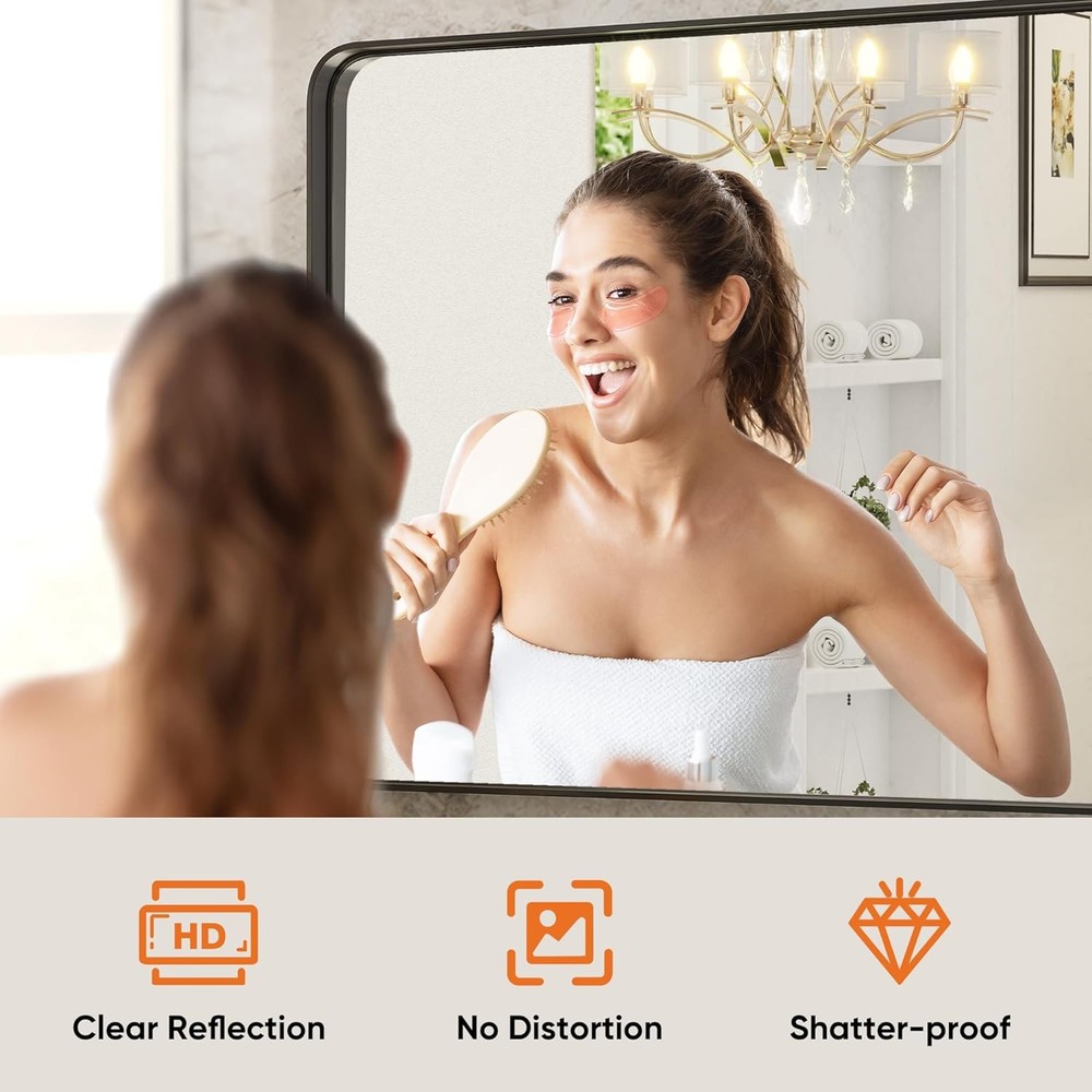 Black Vanity Bathroom Mirror Wall Metal Framed Rounded Rectangular Modern