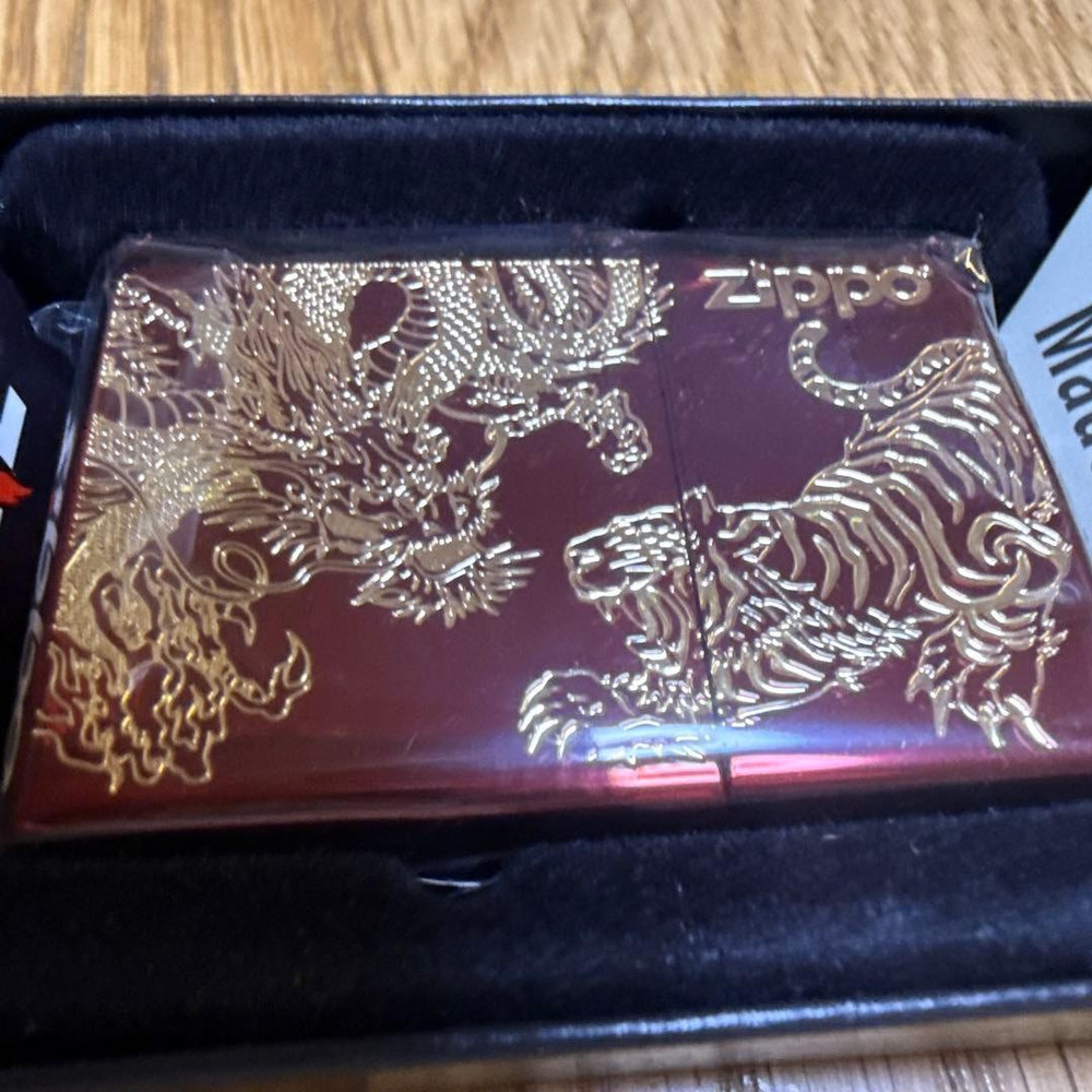 Zippo Lighter Dragon Tiger Japanese Pattern Red Gold Etching One Side Processing