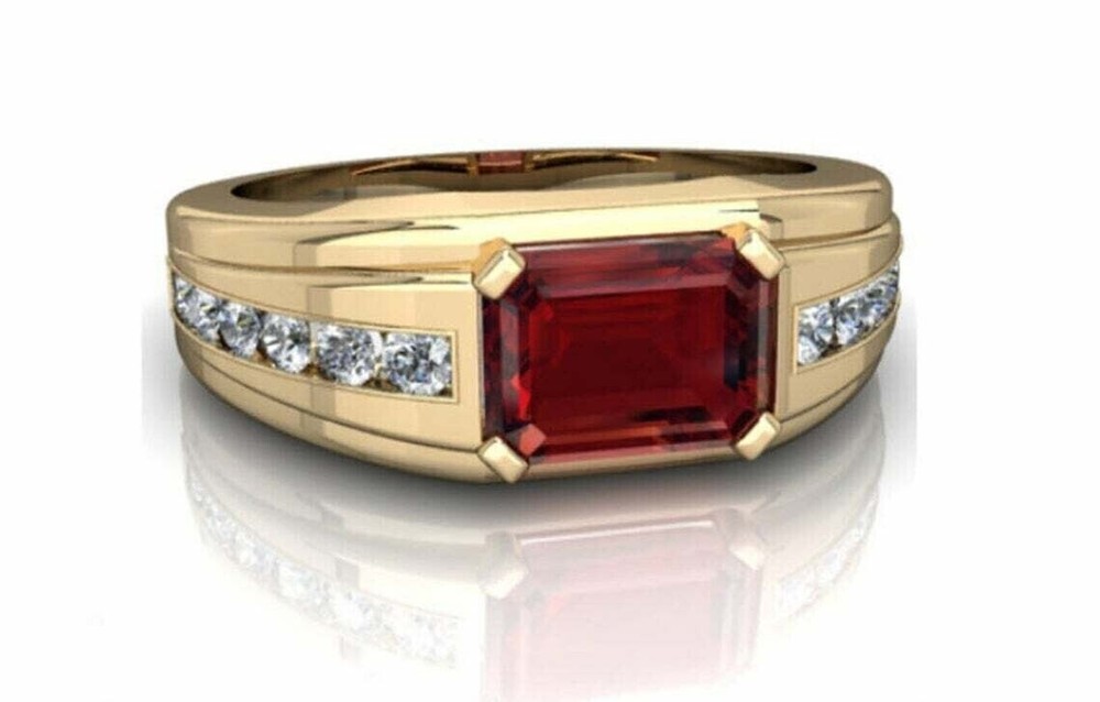 2CT Emerald Cut Lab Created Ruby Men's Engagement Ring 14K Yellow Gold Plated