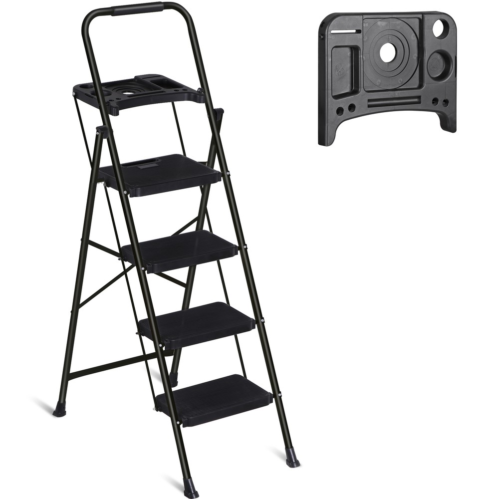 Step Ladder 4 Step Folding Black 330 Lbs Max Load Ladder Folding W/ Work Tray