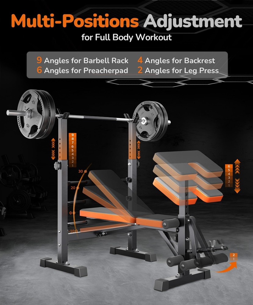 Multi-Function 6 in 1 Weight Bench Set - Leg Press, Preacher Curl Orange
