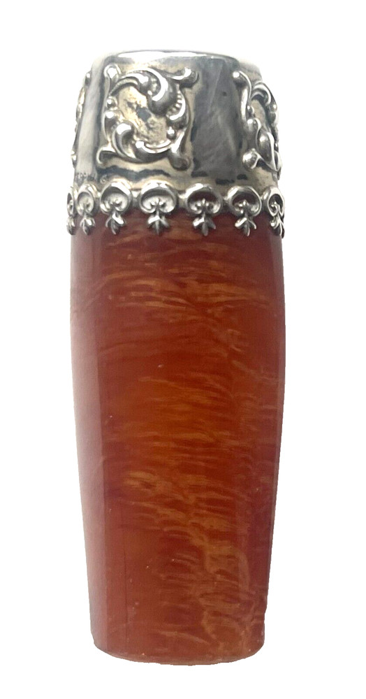 ANTIQUE ORNATE STERLING SILVER & AMBER MONOGRAMMED CIGARETTE HOLDER