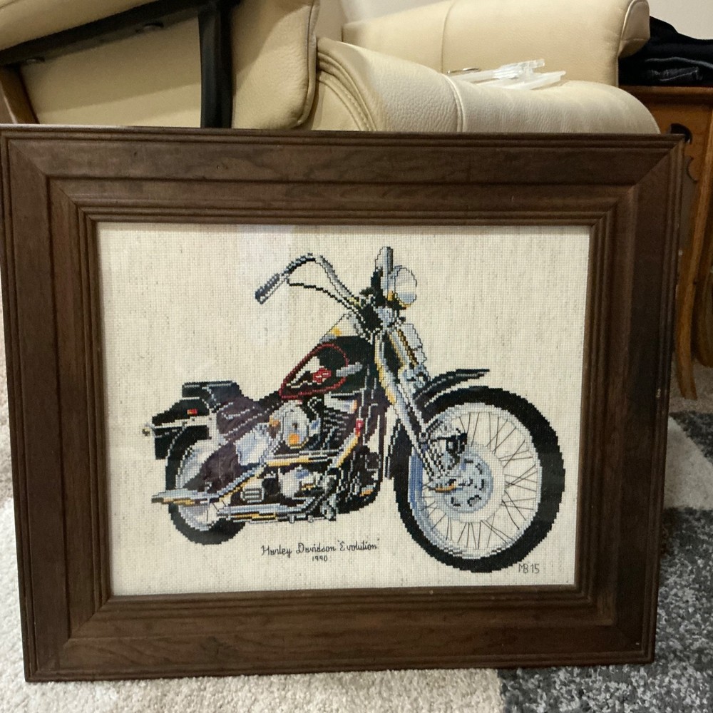 Completed Framed Cross Stitch HARLEY DAVIDSON EVOLUTION 1990