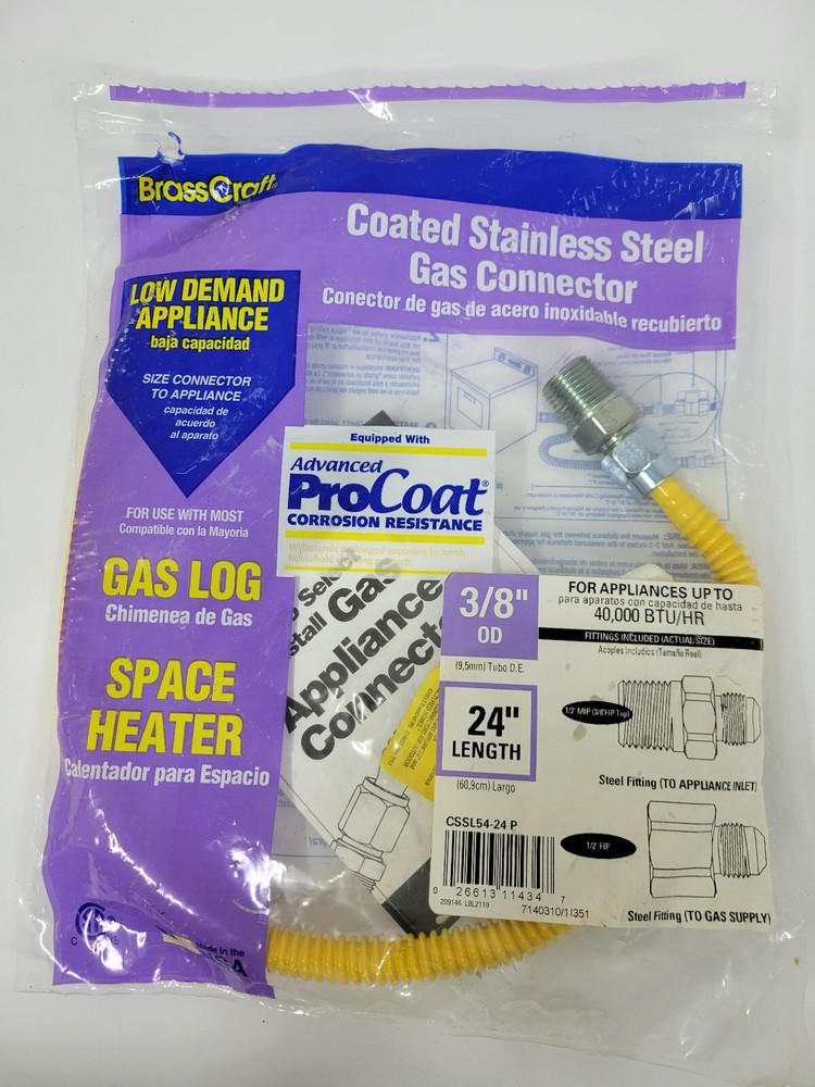 NEW **  Brasscraft Coated Stainless Steel  3/8” OD X 24” Long Gas Connector