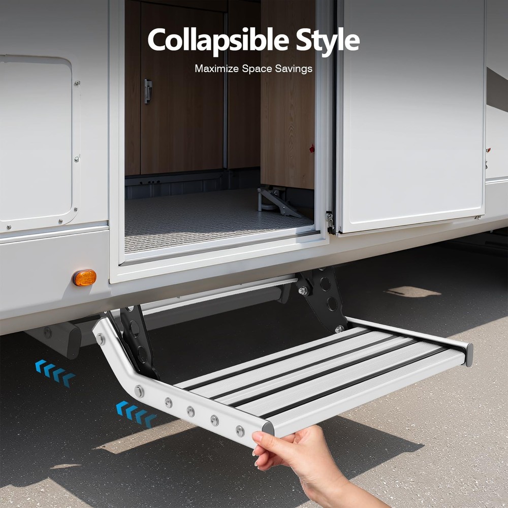 Folding RV Step LED Light 1-Step Manual Retractable Aluminum Non-Slip 330 LBS