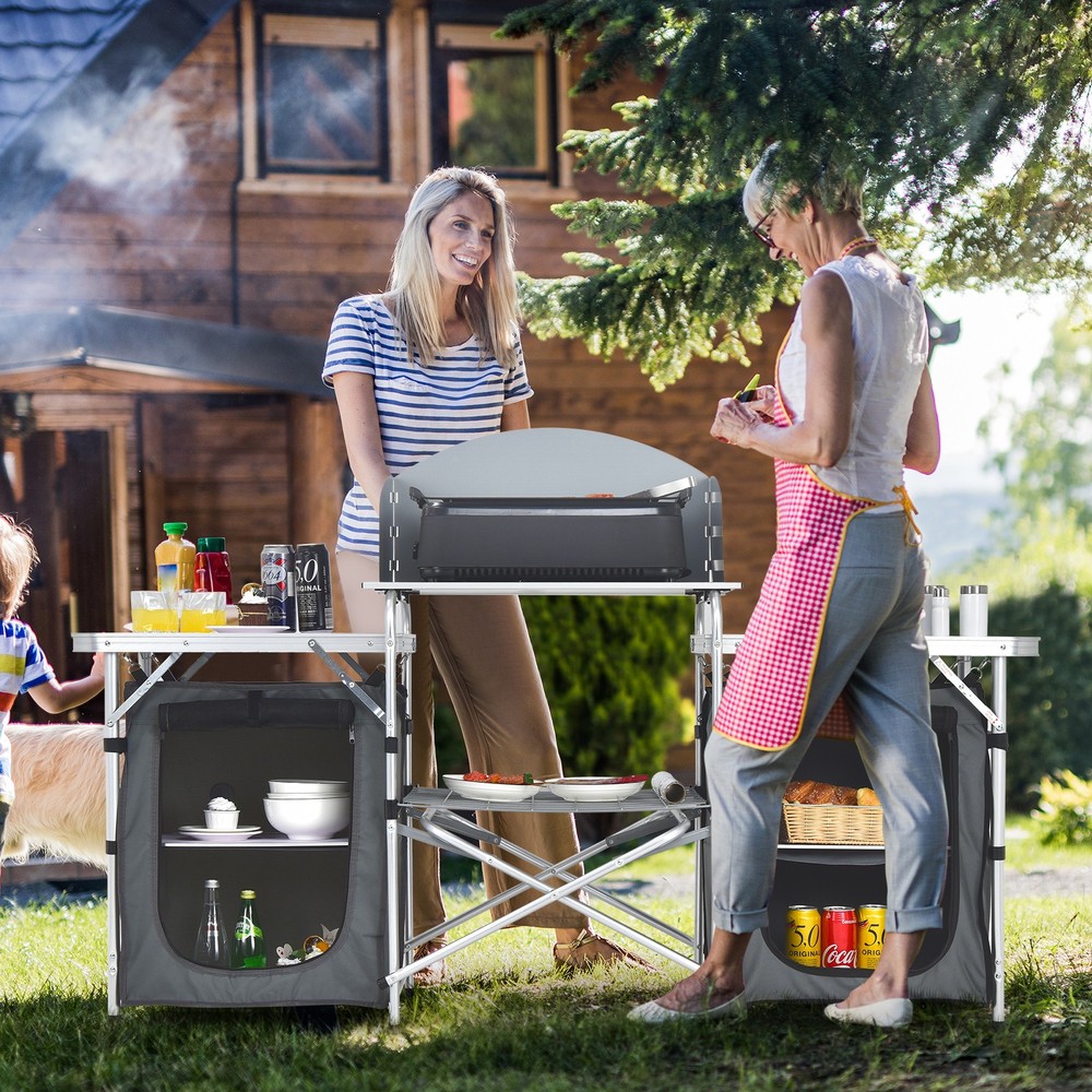 Portable Folding Aluminum Camping Grill Table w/ Storage Organizer Windscreen