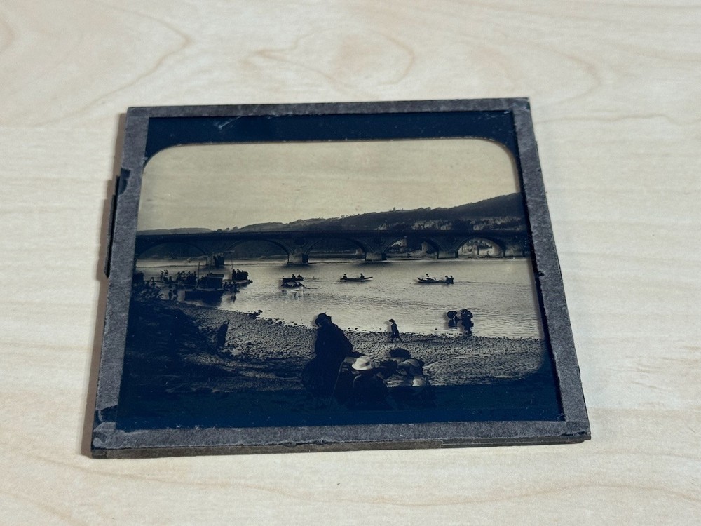 Antique GWW Magic Lantern Slide Perth Bridge Busy Scene