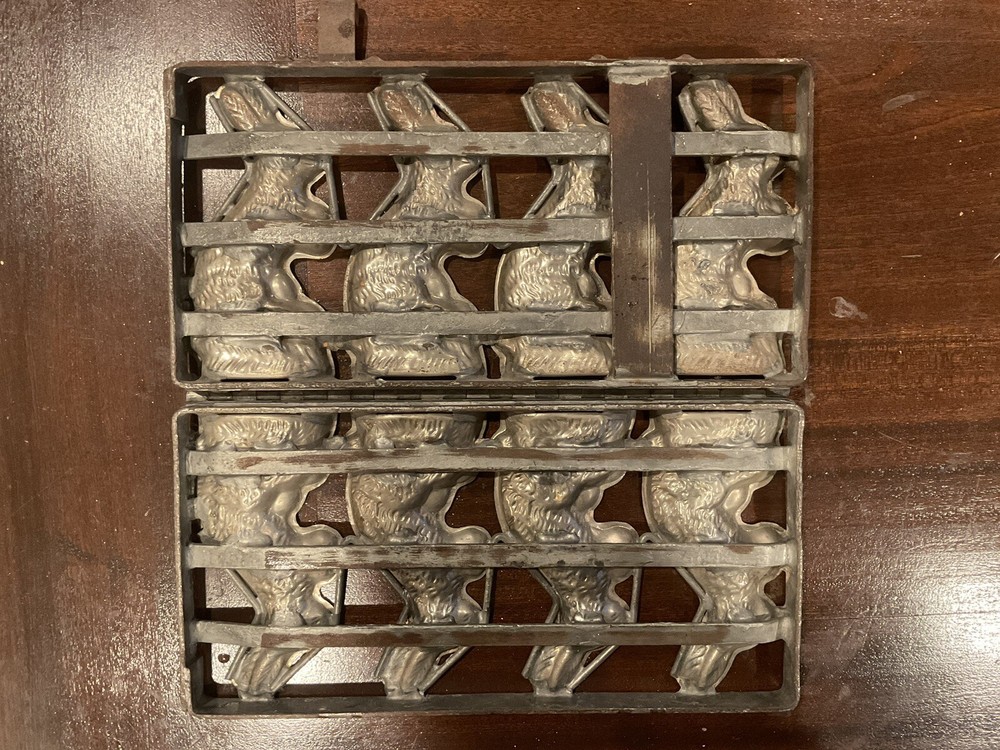 VINTAGE EASTER RABBIT SOLID CHOCOLATE STRAP CANDY MOLD METAL HINGED. Four Molds.