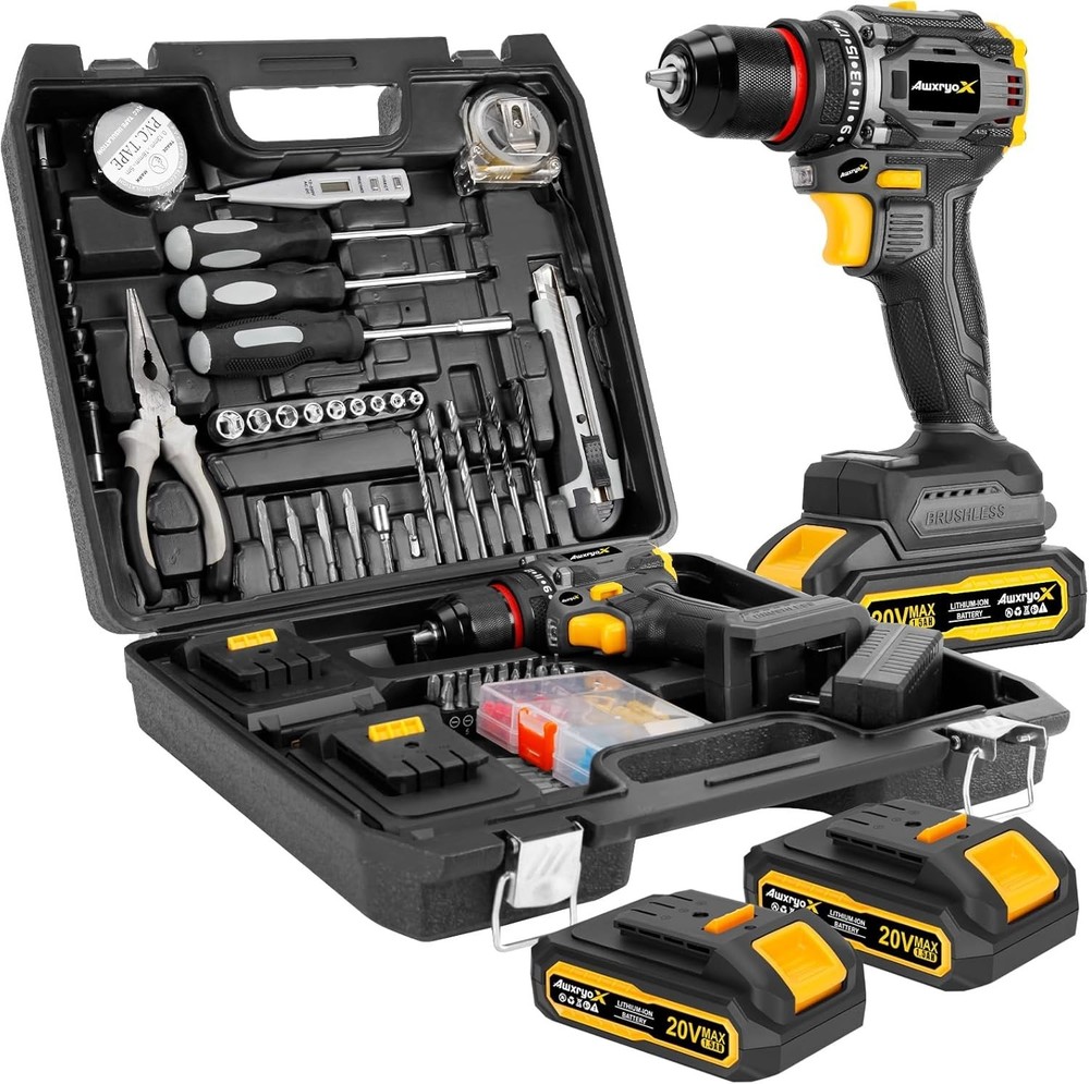 Brushless Compact Drill Tool Set, 60N.m 20V Cordless Drill Tool Box with 2 Ba...