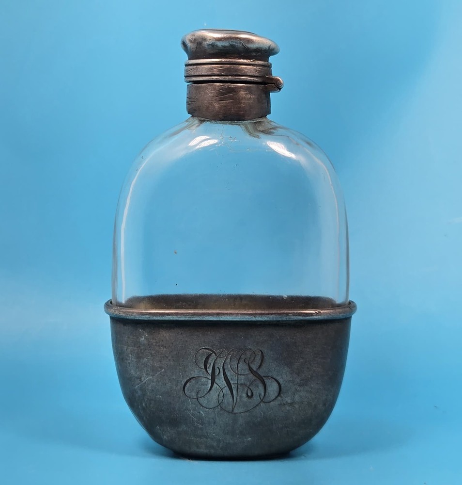 Antique Sterling Silver Glass Flask Monogram Vanity Bottle 1.5oz
