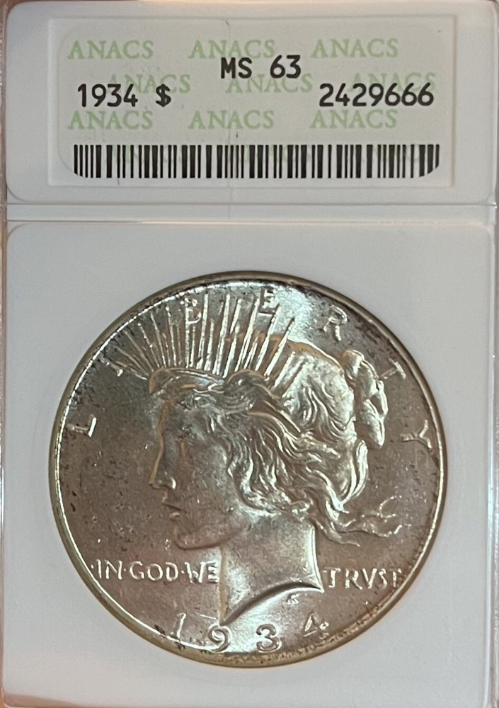 1934 Soapbox ANACS MS63 Peace Silver Dollar
