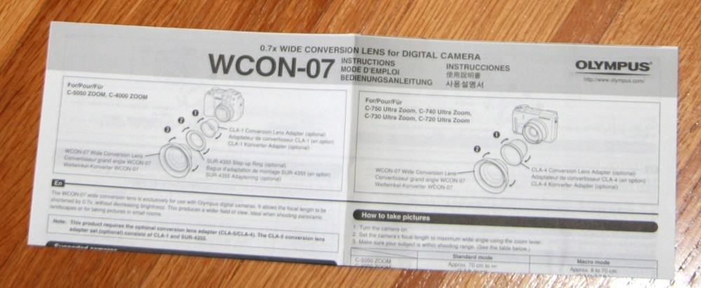 Olympus WCON-07 wide angle conversion lens INSTRUCTIONS ONLY