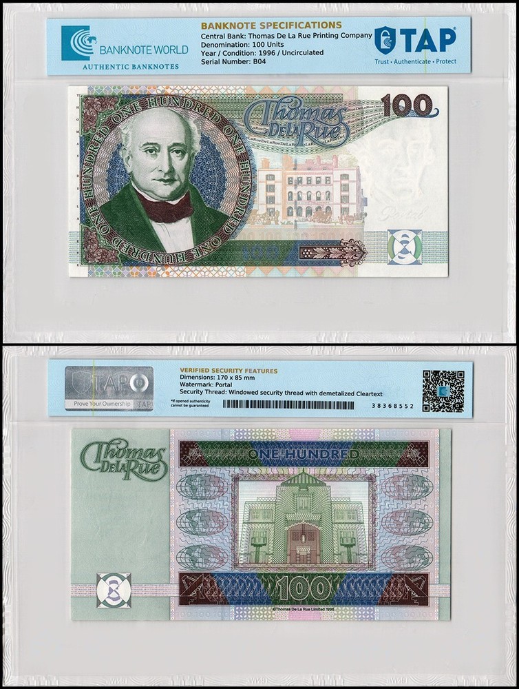 Thomas De La Rue Great Britain Test Note, 100 Units, 1996, UNC TAP Authenticated