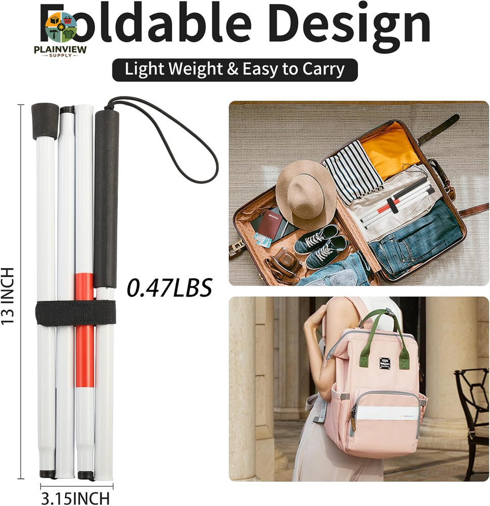 Folding Blind Cane Reflective Red Folding Walking Stick for Vision Impaired and