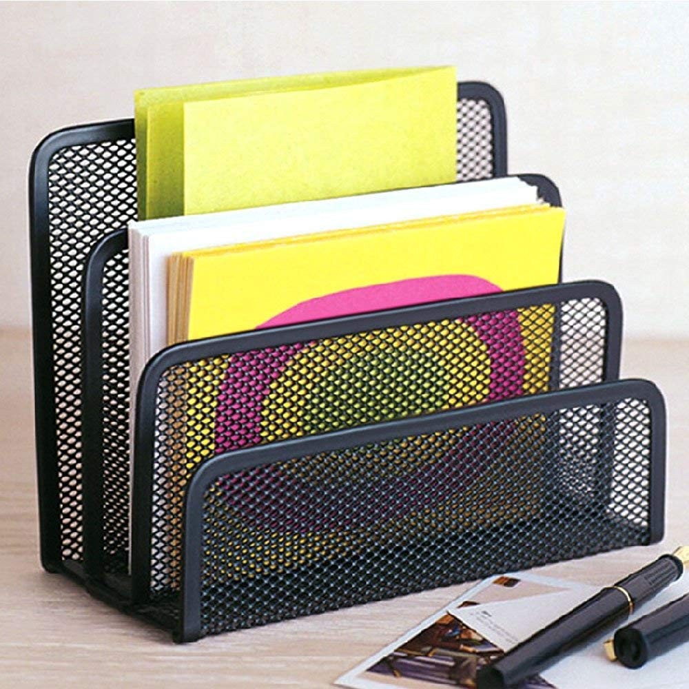 Metal Mesh Paper Organizer, Desktop File Holder, Mail Document Sorter, Black