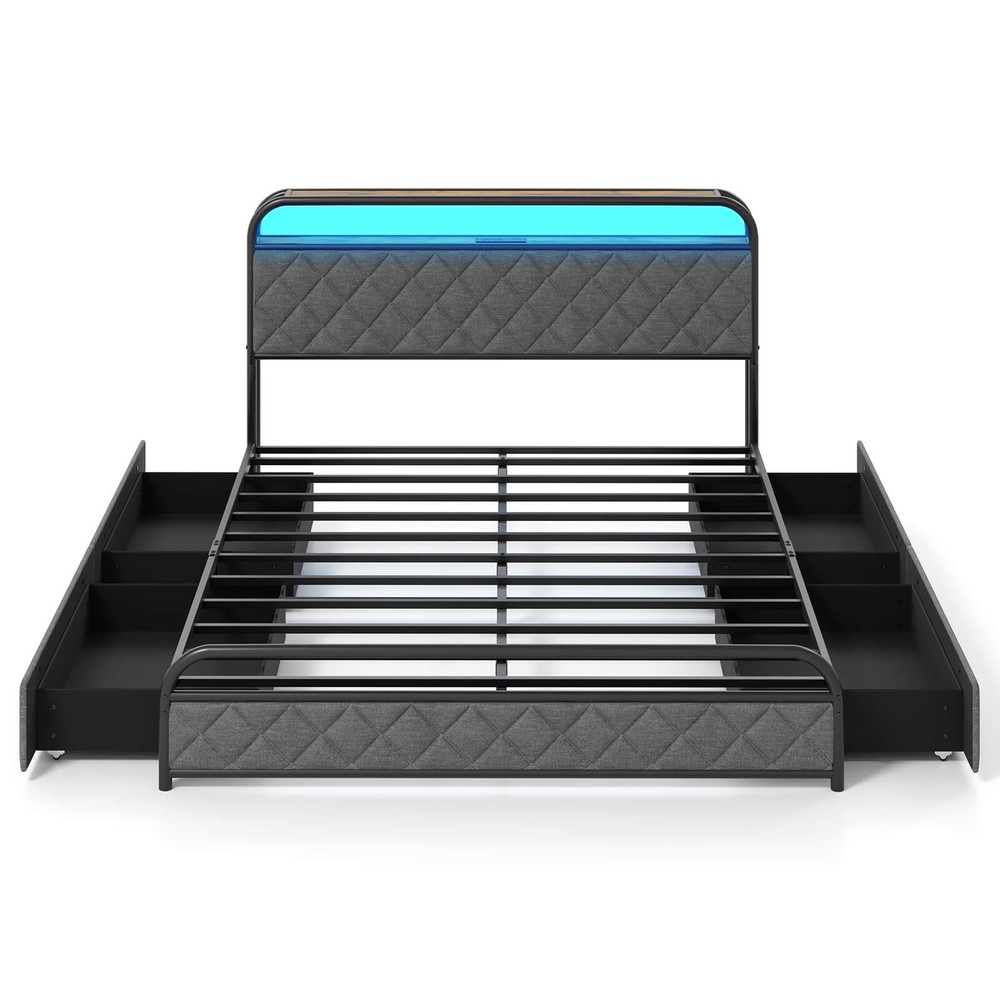 Queen Size Bed Frame with LED Lights & Charging Station Storage Headboard