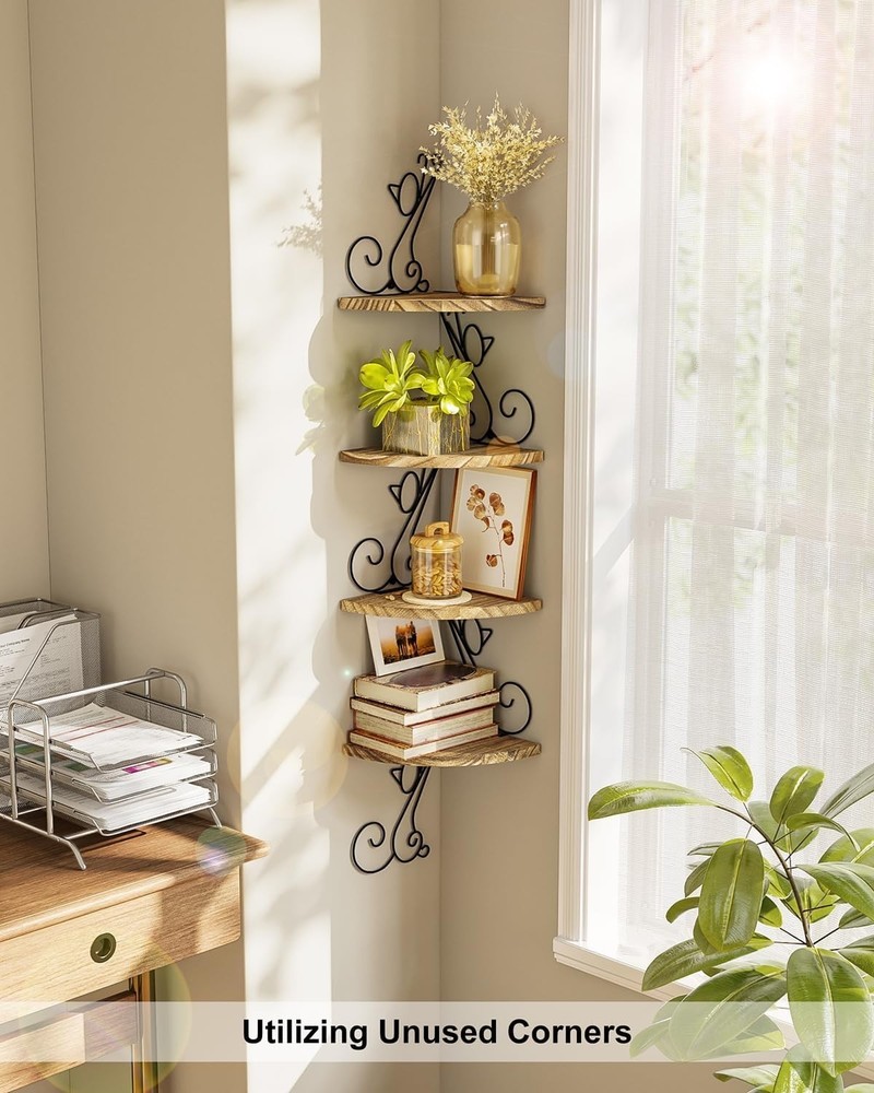 4-Tier Rustic Floating Corner Shelves in Cat Shape - Space Saving Solution