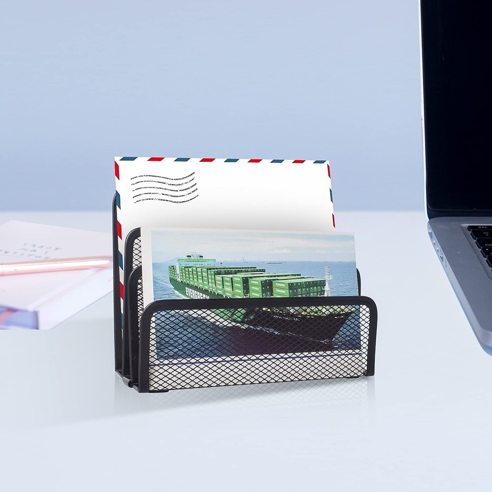 Metal Mesh Paper Organizer, Desktop File Holder, Mail Document Sorter, Black