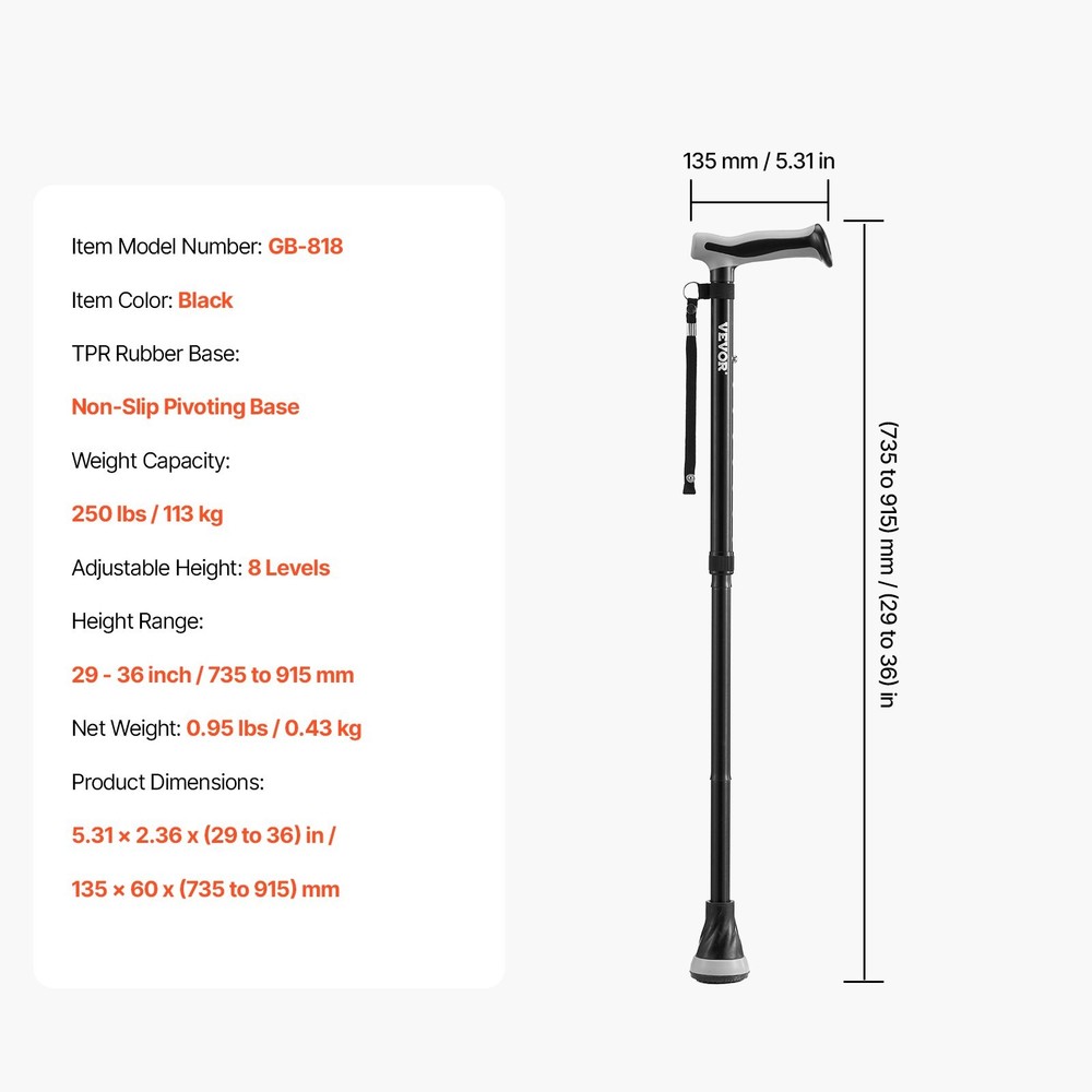 Walking Cane Folding Walking Stick 8-Level Adjustable Height & Pivoting Tip